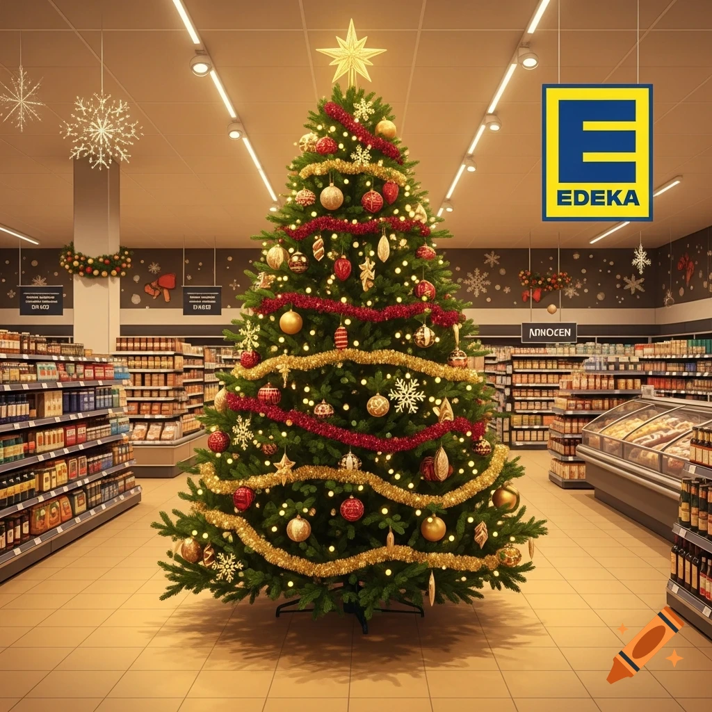 A large Christmas tree decorated with red and gold ornaments stands in a brightly lit Edeka supermarket aisle.