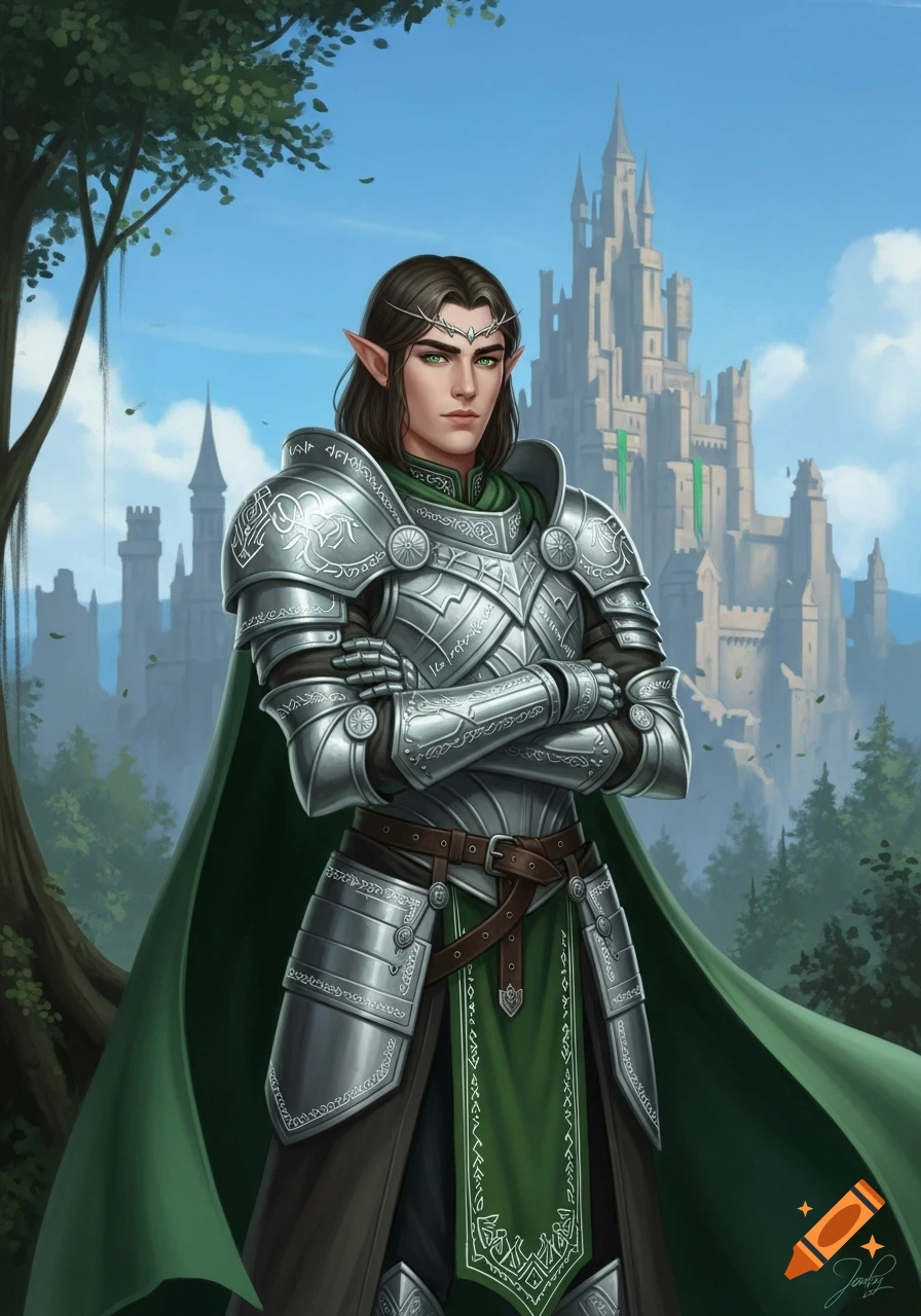An elven male paladin in silver armor and a green cape, with arms folded, stands before a large castle.