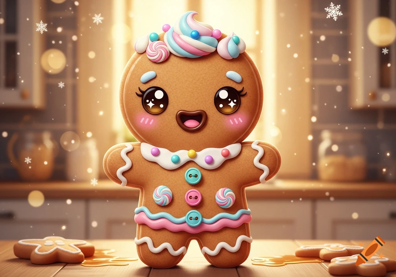 A cute kawaii gingerbread man cookie with frosting, candy buttons, and sparkling eyes stands in a kitchen with snowflakes falling.