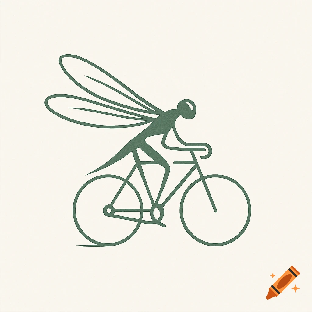 Stylized green line art logo of a dragonfly-like figure riding a bicycle on a cream background.