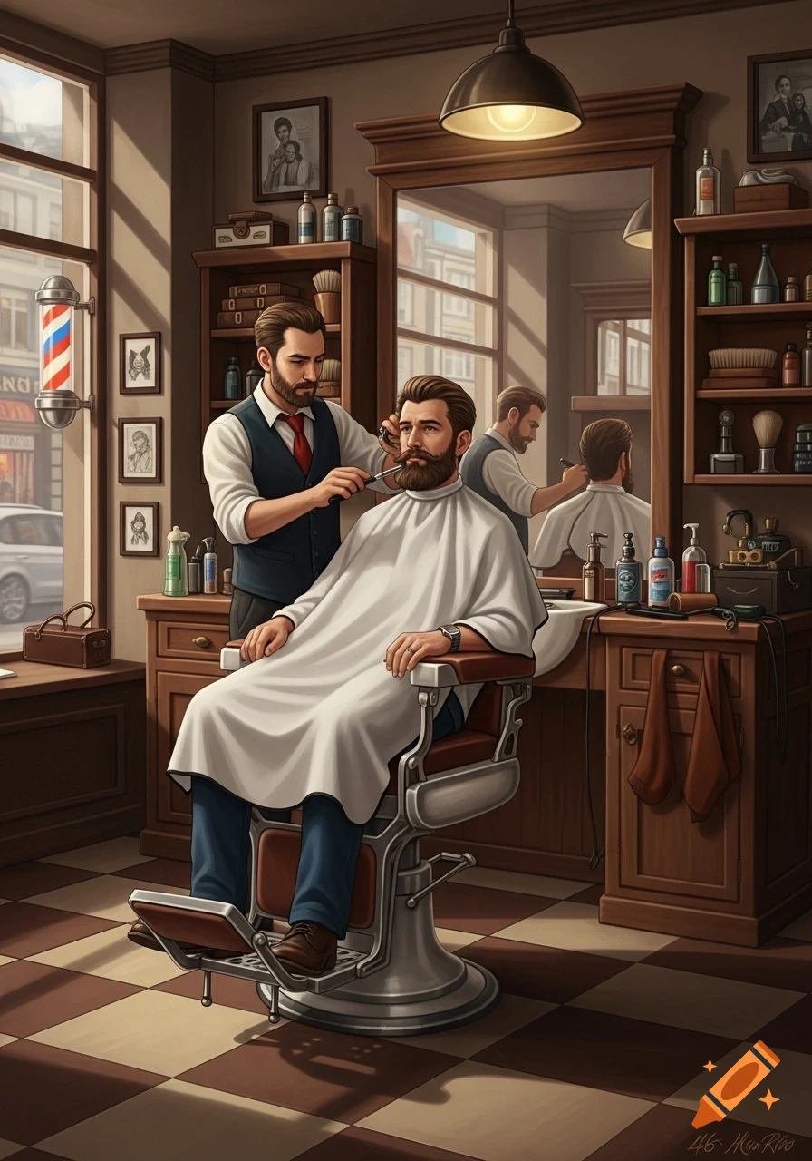 A man with a beard sits in a barber chair, draped in a white smock, while a barber trims his beard in a vintage-style barbershop. Sunlight streams through the window, illuminating a barber pole outside.