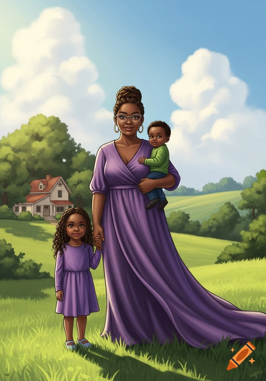 Illustrated scene of an African-American mother in a purple dress holding her baby son and her daughter in a green rural landscape.