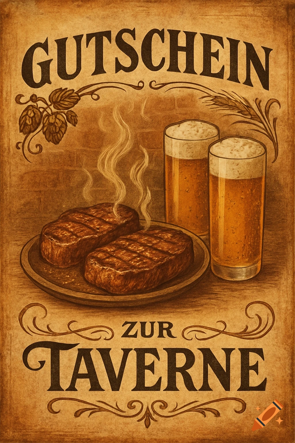 Vintage illustration of a pub voucher with two steaming grilled steaks, two beers, hops, and wheat on a rustic brown background.