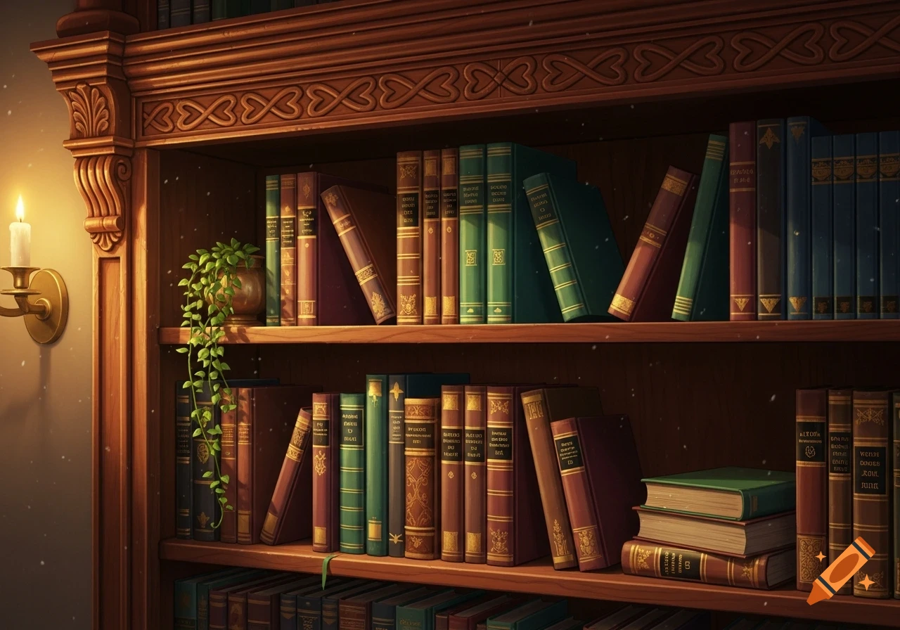 A close-up of a warmly lit wooden bookshelf filled with various old books, a small potted plant, and a flickering candle on a wall sconce.