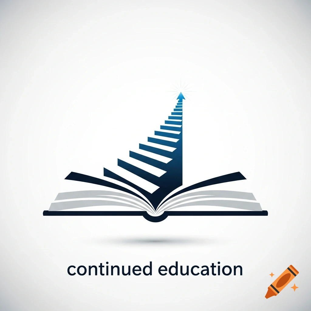 An abstract logo of an open book with stairs rising from it, an arrow pointing up, and the text 'continued education'.
