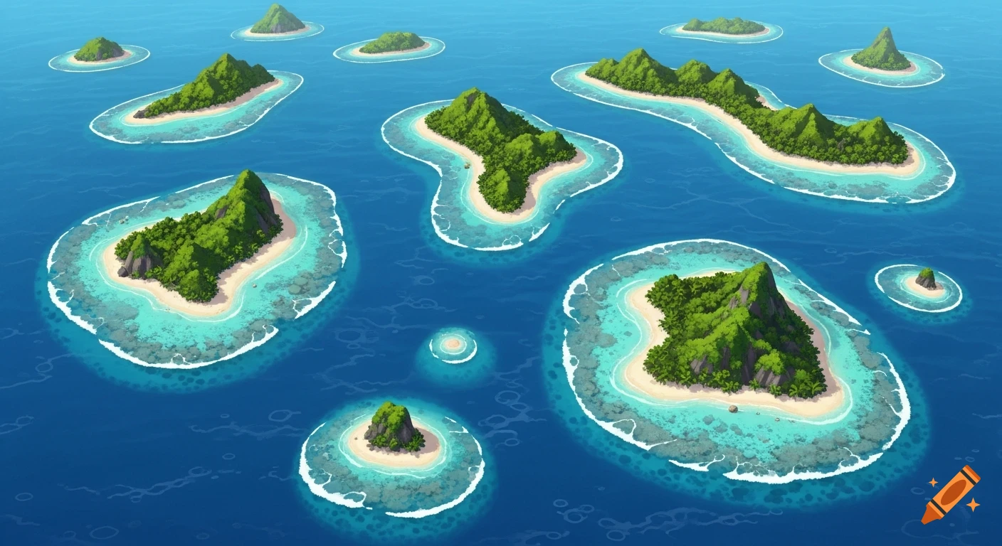 Aerial view of numerous cartoon-style tropical islands with green hills, sandy beaches, and clear turquoise water in a deep blue ocean.