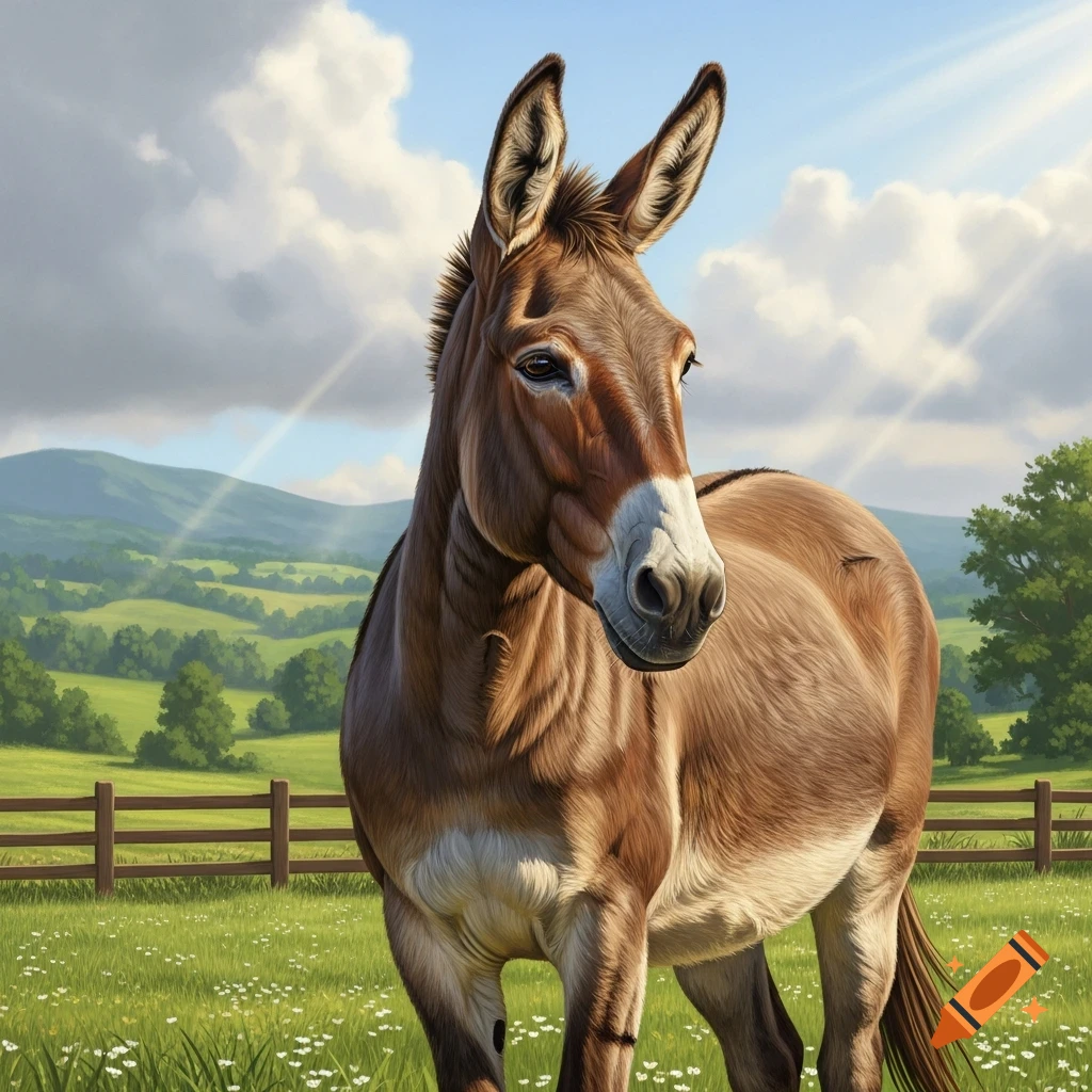 A brown donkey stands in a green field with white flowers, a wooden fence, and rolling hills under a sunny, cloudy sky.