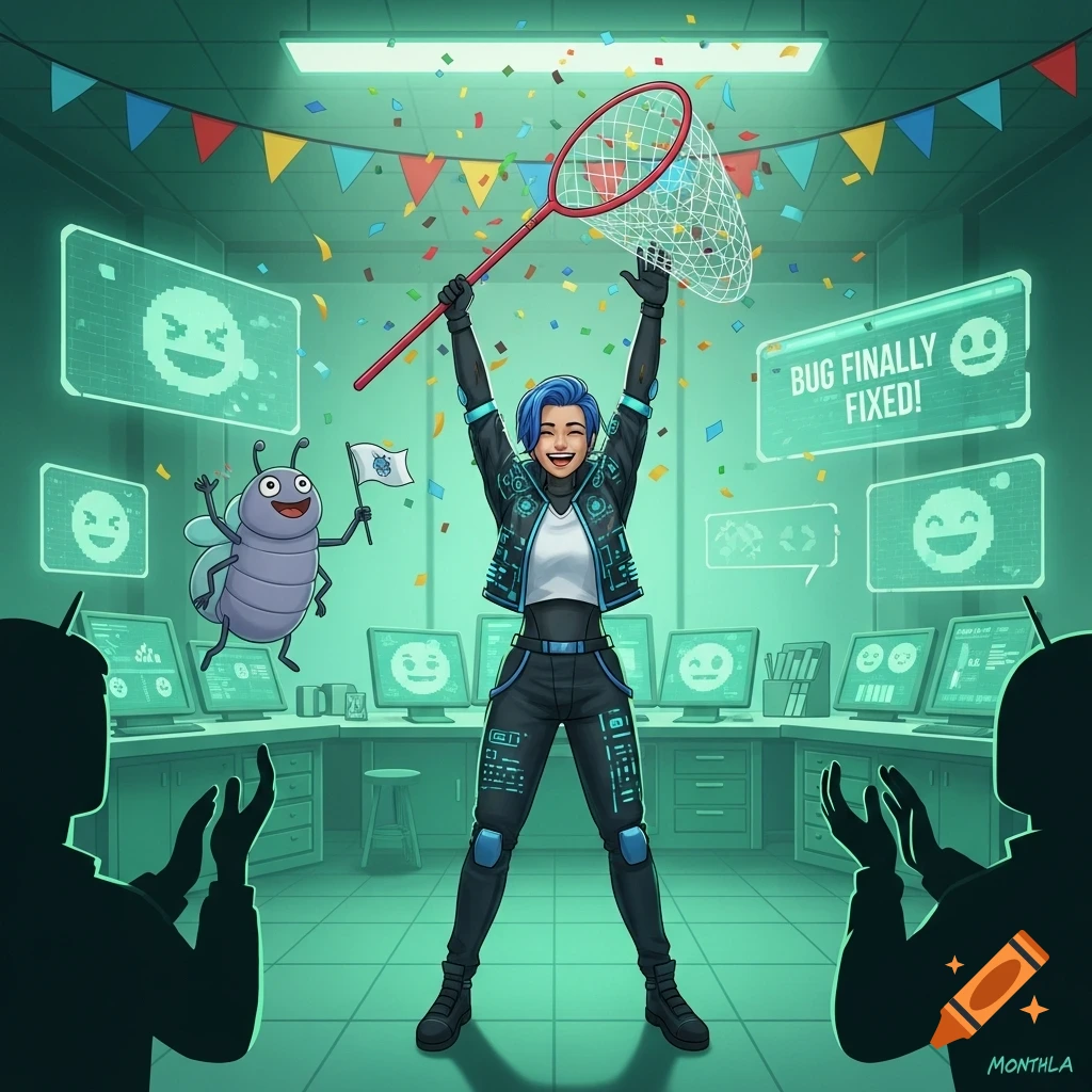 A programmer celebrates in a control room, holding a bug net, next to a cartoon bug, with screens displaying 'BUG FINALLY FIXED!'.