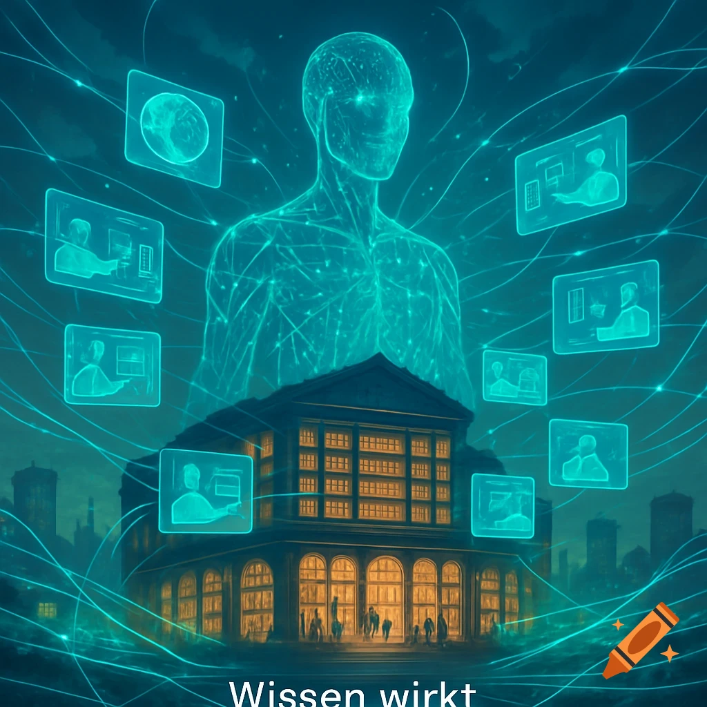 Glowing blue human figure and data streams above a building, with the text 'Wissen wirkt' at the bottom, symbolizing AI and education.