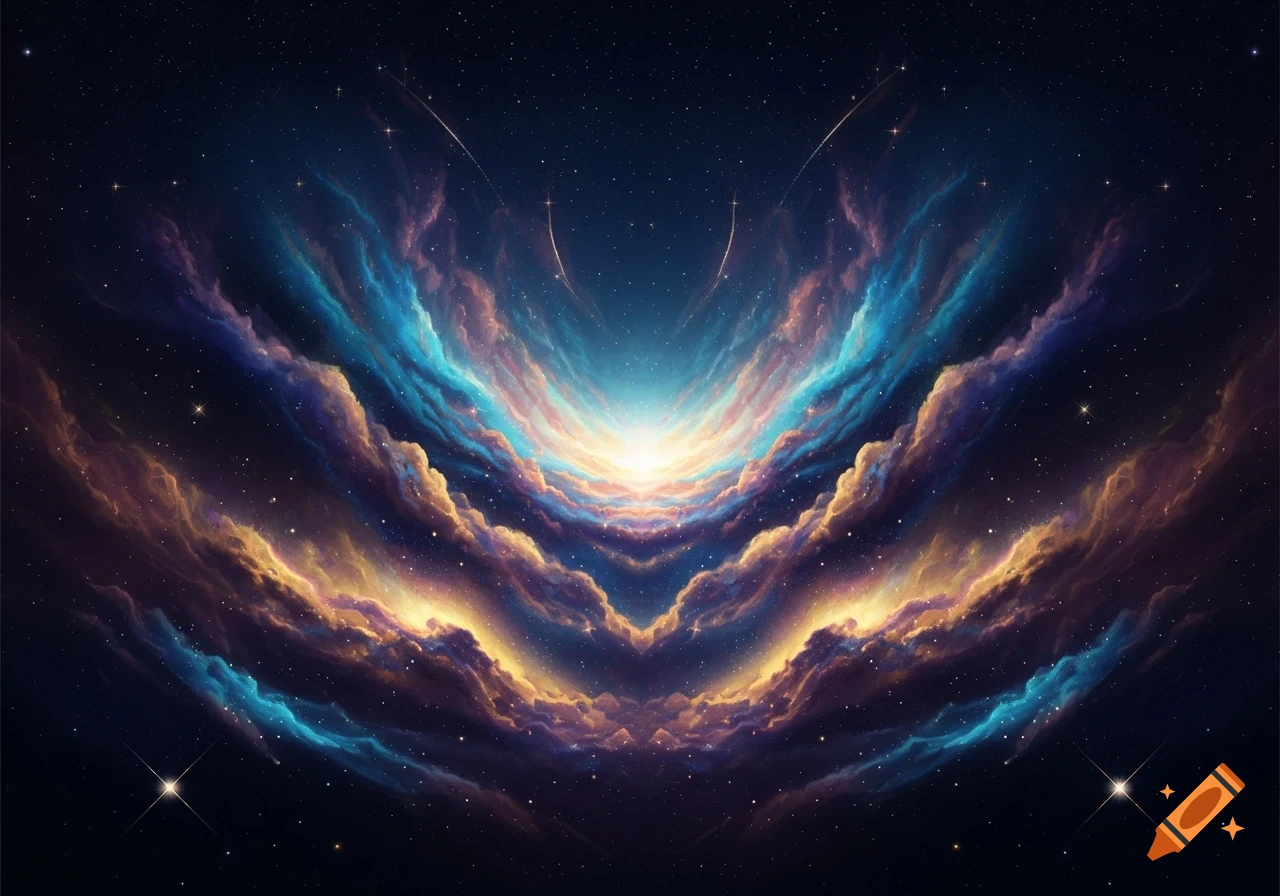 A vibrant, symmetrical nebula with blues, purples, and golds, radiating from a bright center amidst a field of stars.