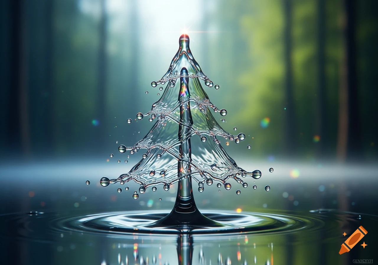 A photorealistic water splash shaped like a Christmas tree rises from a pool, reflecting light against a blurred green forest.