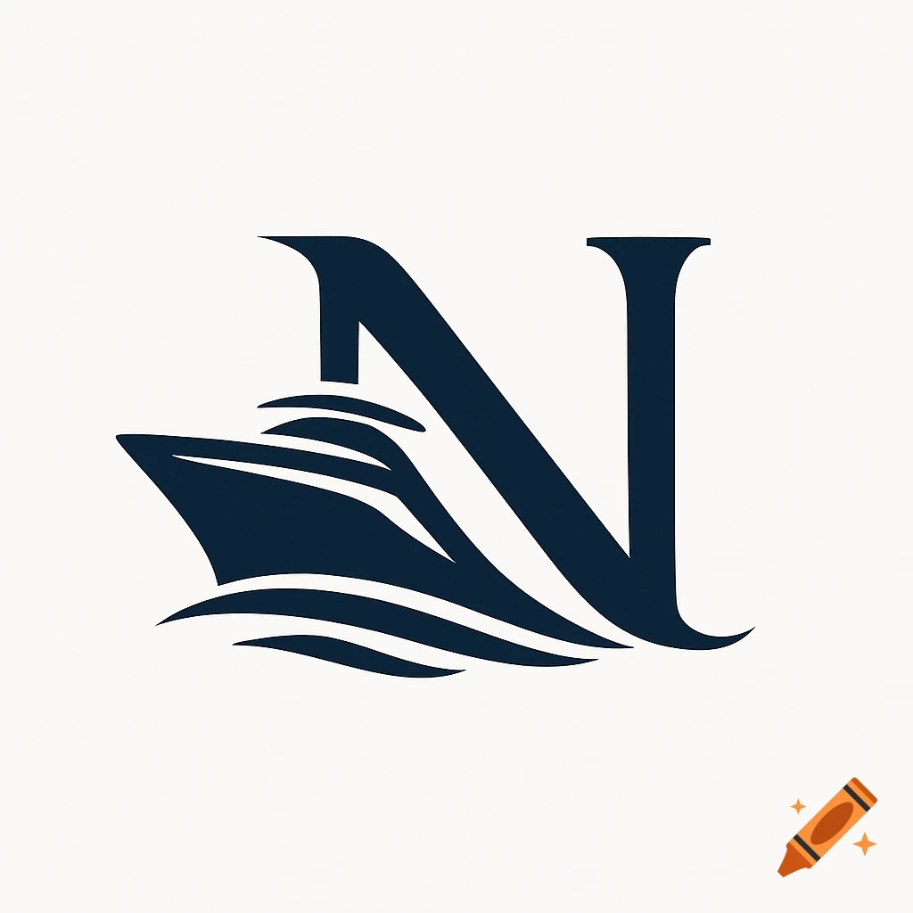 Minimalist logomark featuring a dark blue letter N integrated with the bow of a boat and abstract waves on a white background.