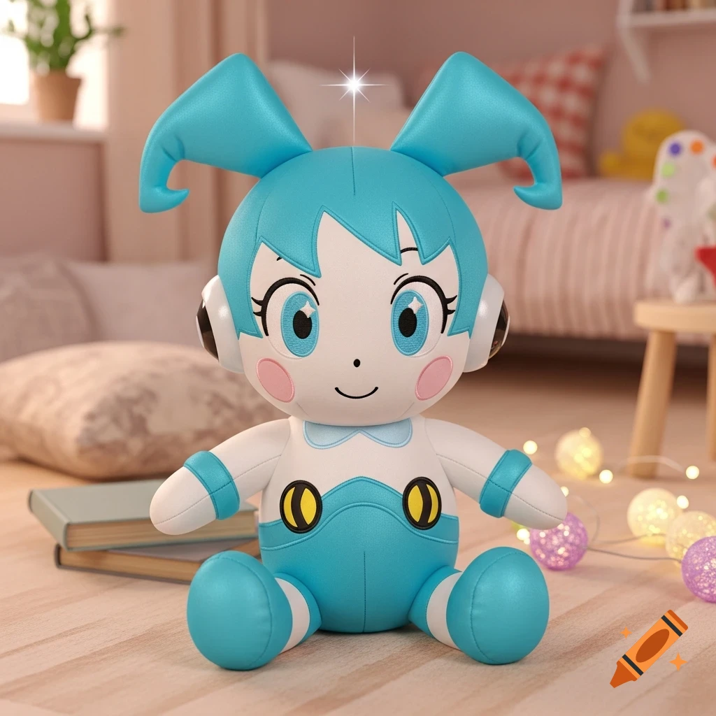 A light blue and white Jenny XJ-9 plush toy with headphones and pigtail-like antennae sits on a wooden floor in a cozy room, with soft lighting.
