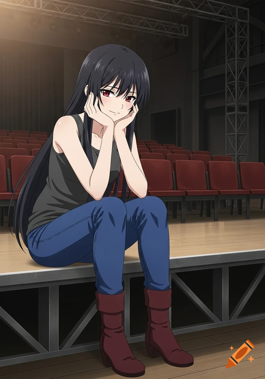 An anime woman with long black hair, a gray tank top, blue jeans, and maroon boots sits on a stage in an empty auditorium, head in hands.