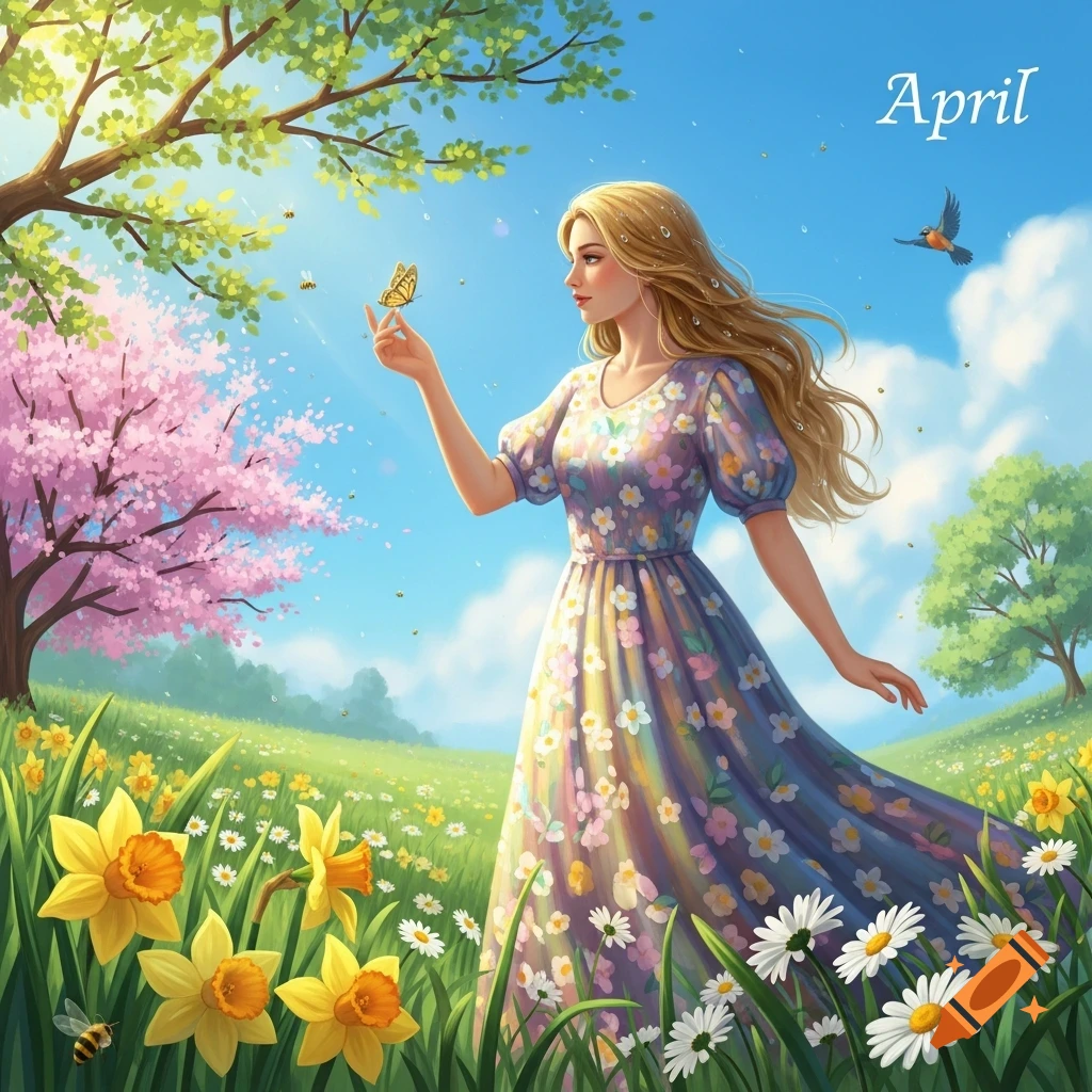 A blonde woman in a floral dress stands in a vibrant spring meadow with daffodils and cherry blossoms, a butterfly on her finger.