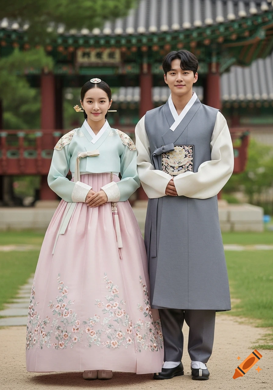 Two Korean people in traditional hanbok, a woman in pastel jeogori and pink chima, a man in grey, standing before a traditional Korean building.