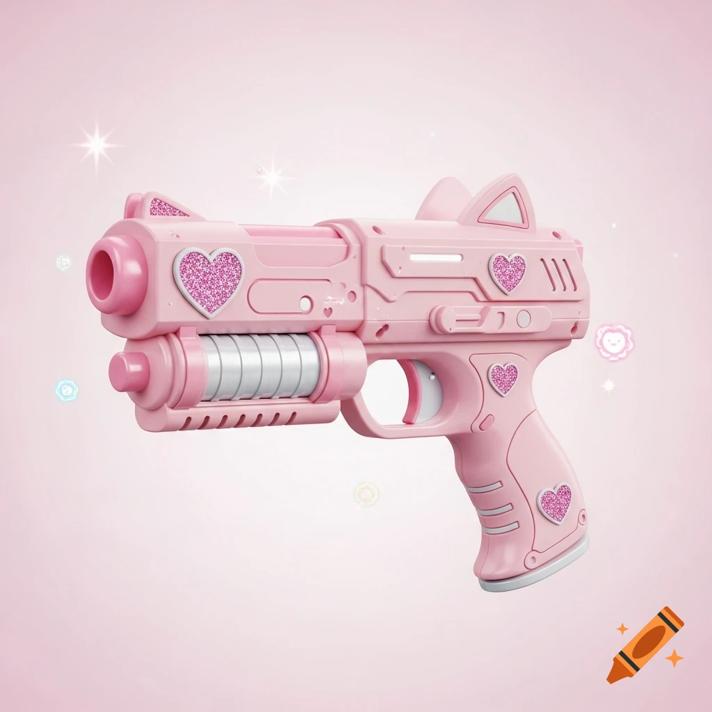 A cute pink catgirl-themed toy gun with glittery heart motifs, cat ears, and sparkles on a light pink background.