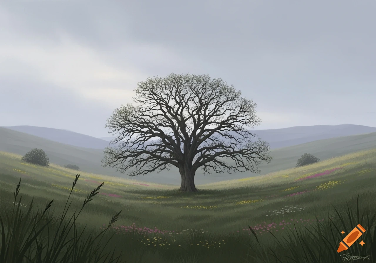 A large, bare tree stands centrally in a rolling green meadow with wildflowers under an overcast sky, with distant hills.