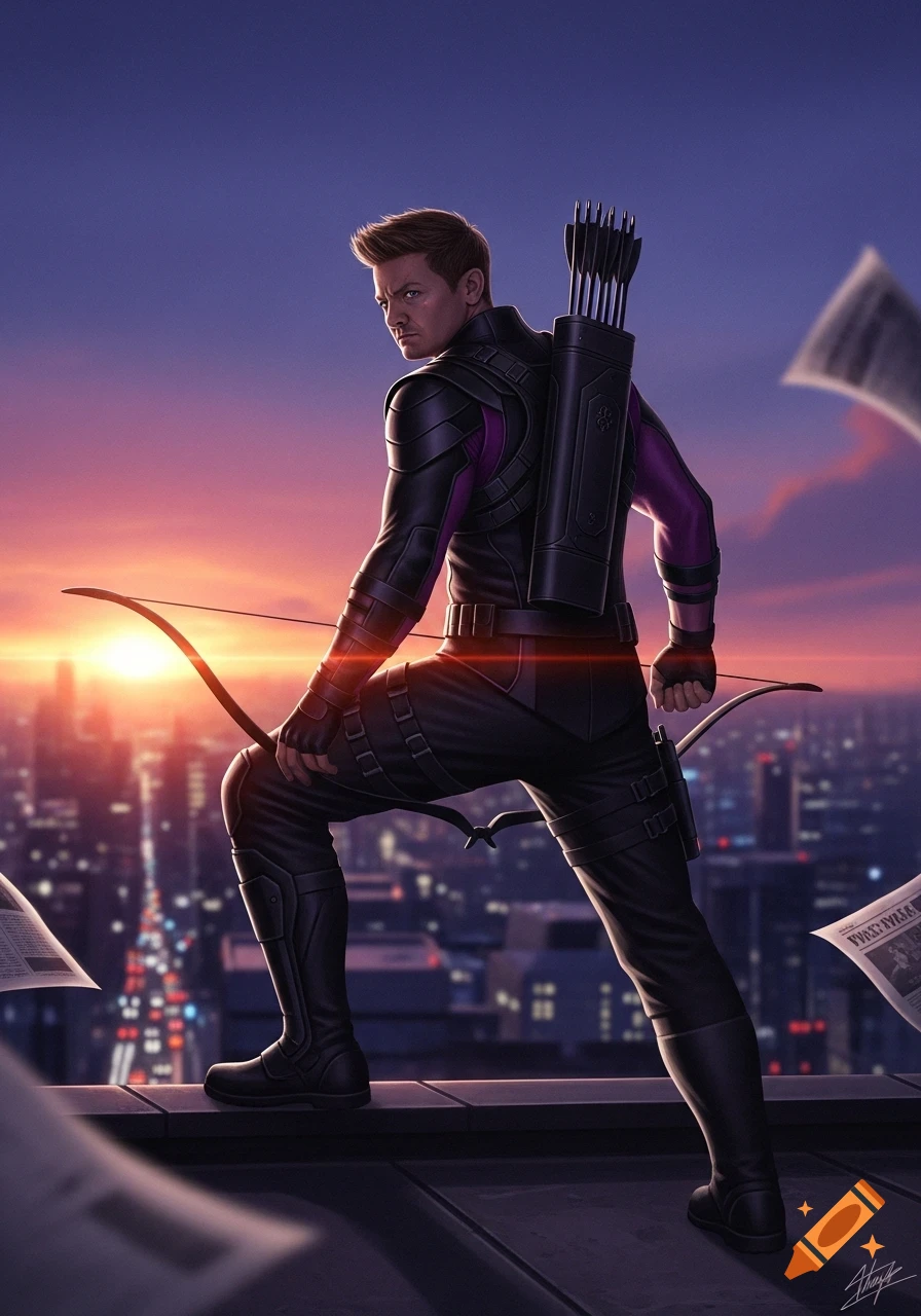 Hawkeye, a superhero with a bow and arrow, stands on a city rooftop at sunset, looking back at the viewer. Digital art.