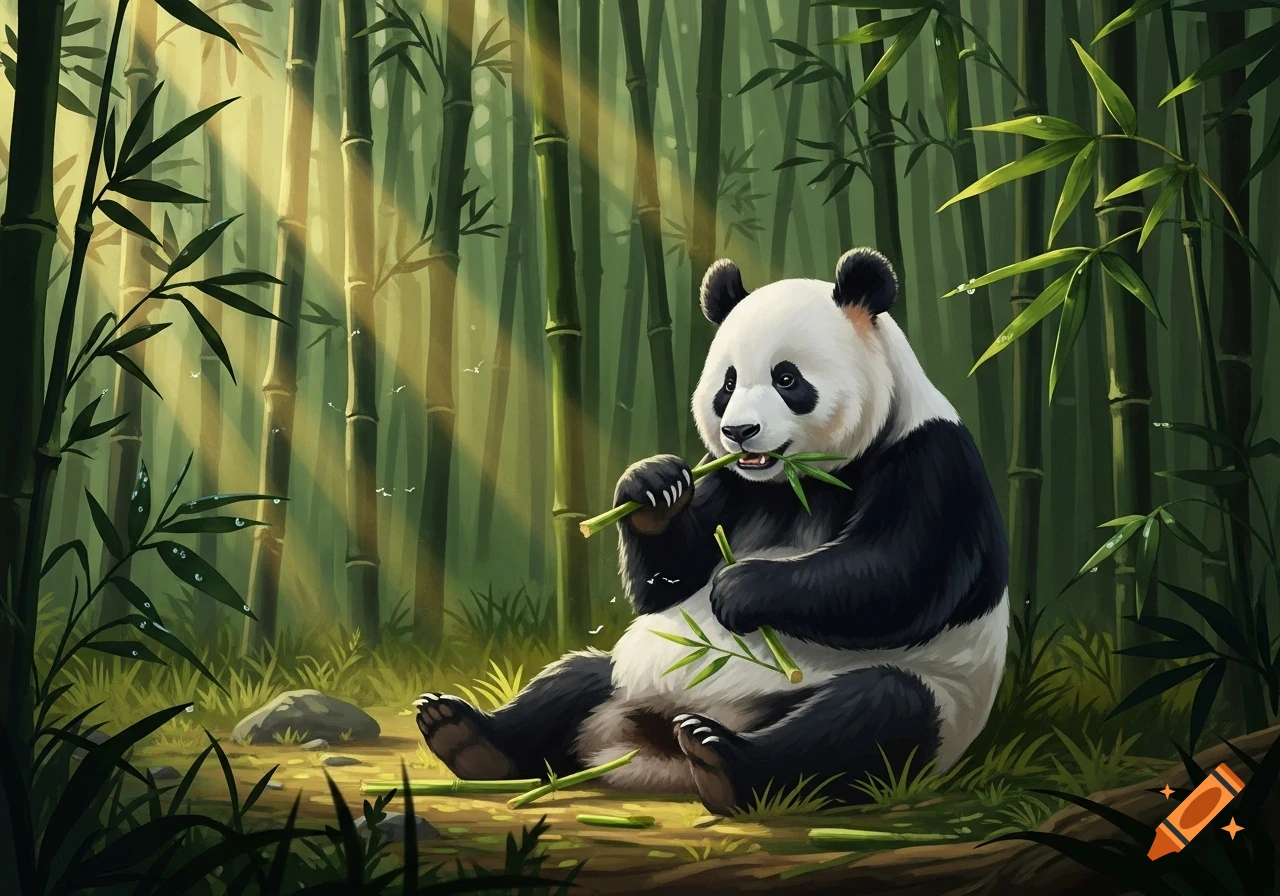 A panda sits in a sunlit bamboo forest, happily eating bamboo stalks ...
