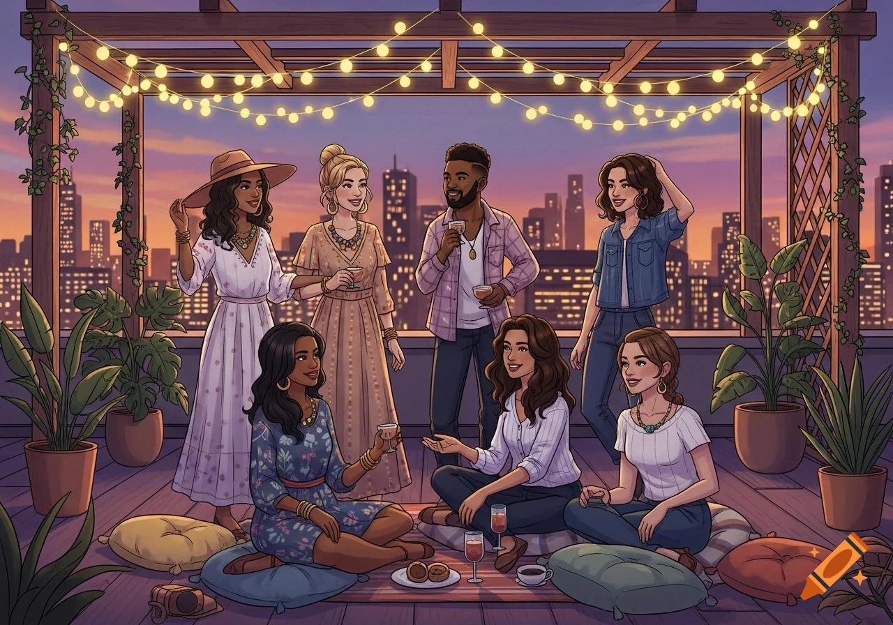 An illustration of a diverse group of friends socializing on a rooftop patio at sunset, with string lights and a city skyline.