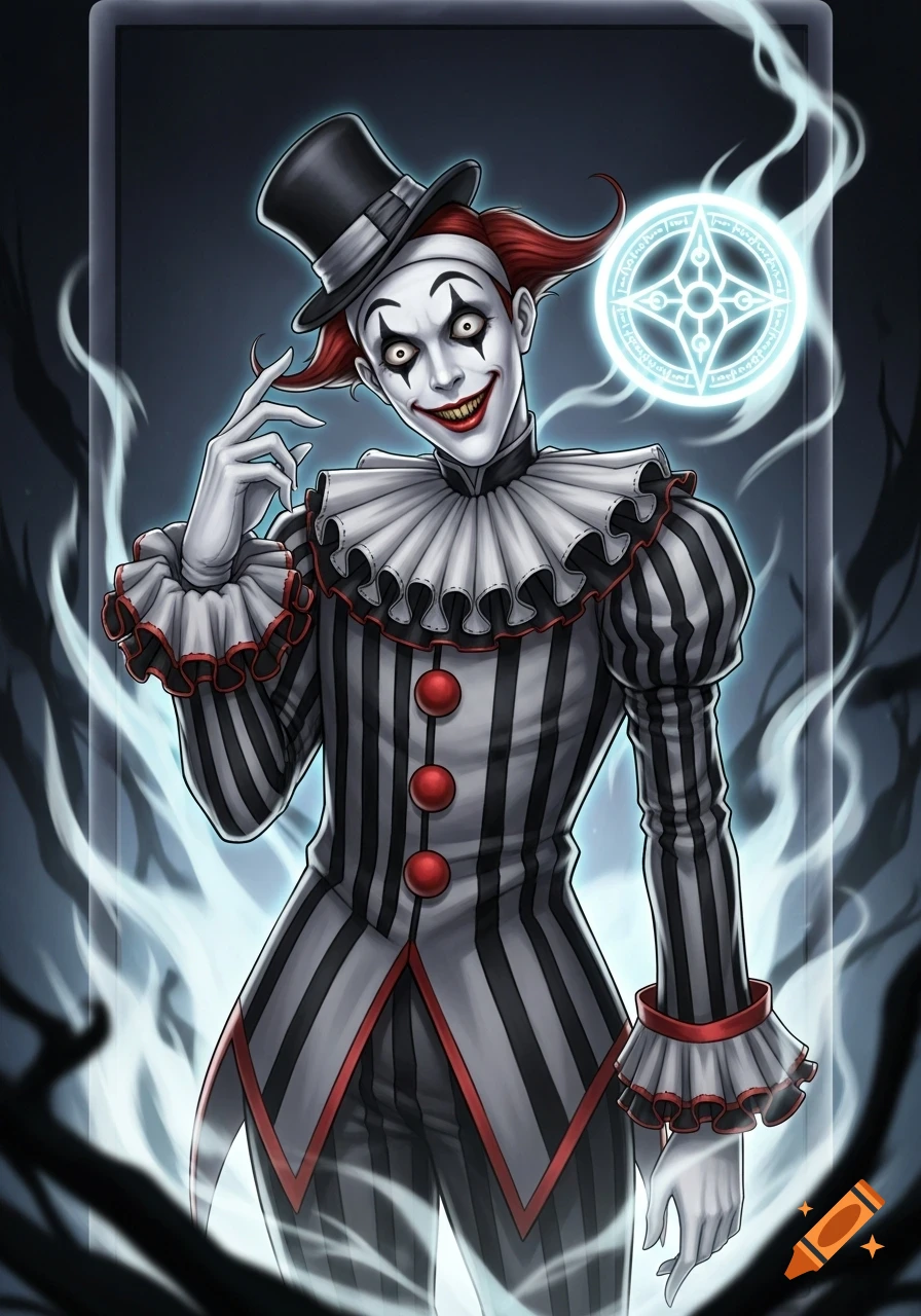 An illustration of a creepy mime with white face paint, red hair, a black top hat, and a black and white striped suit, against a dark background with a glowing magical symbol.