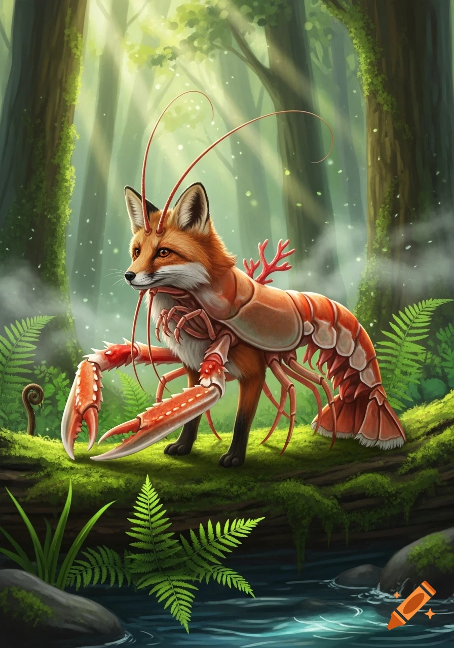 Detailed digital art of a fantastical fox and lobster hybrid creature standing on a mossy log in an enchanted forest with a stream.