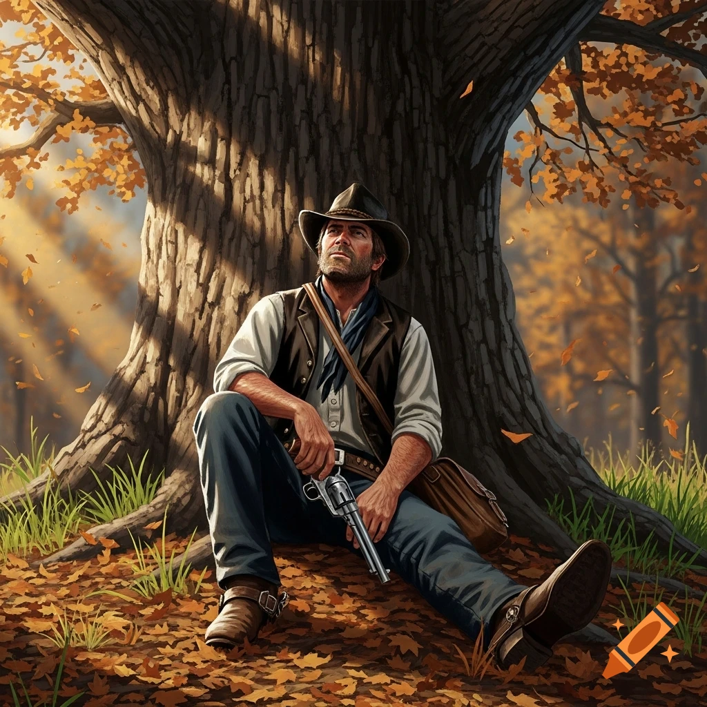 A man in a cowboy hat sits under a large tree in an autumn forest, holding a revolver, with sunlight filtering through yellow leaves.