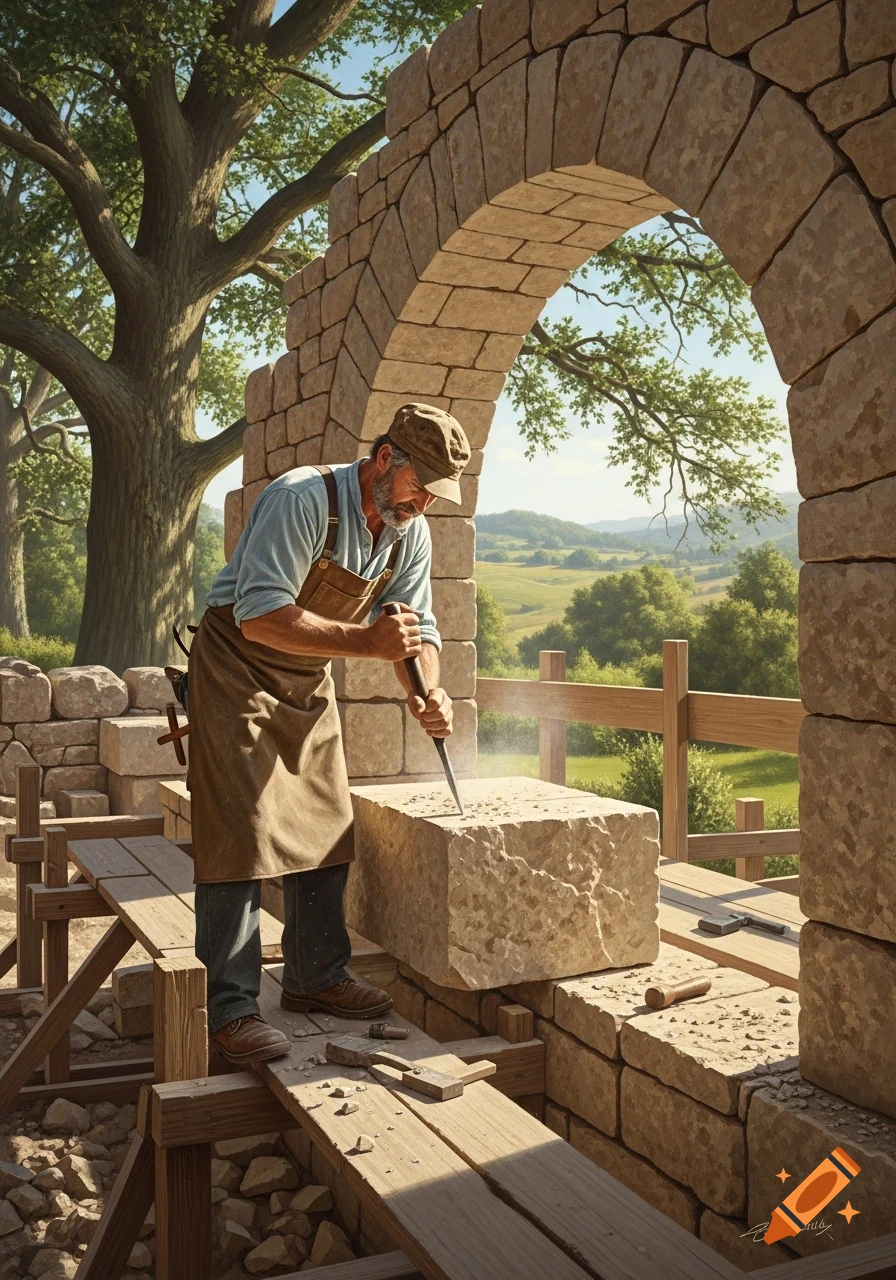 A bearded stonemason carves a large stone block under a stone archway, with trees and rolling hills in the background.