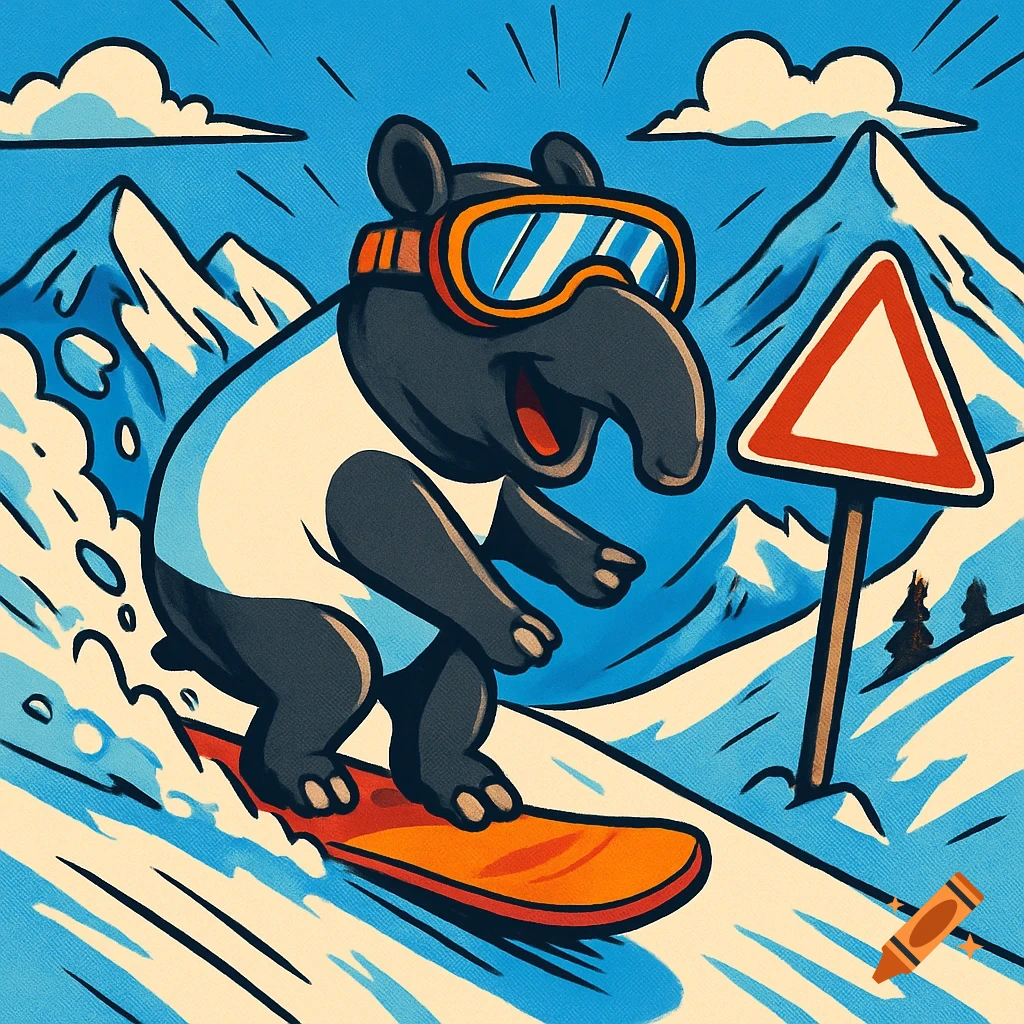 A cheerful cartoon tapir wearing goggles snowboards down a snowy mountain next to a red-bordered white yield sign.