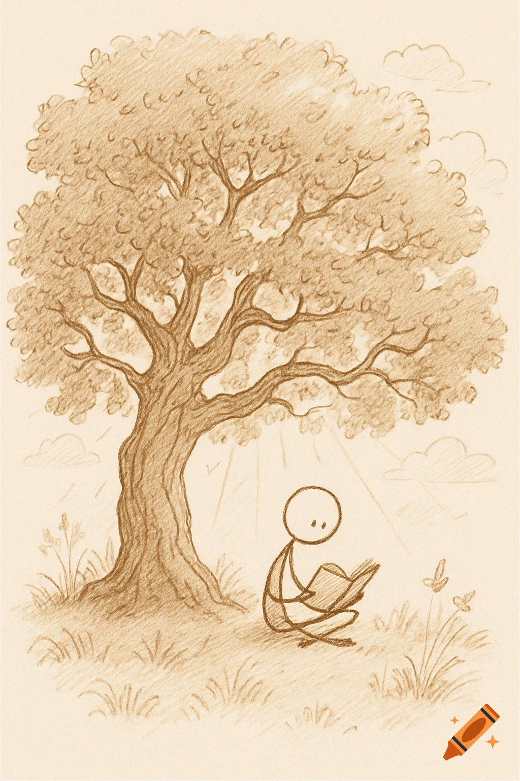 Sepia-toned sketch of a stick person reading a book under a large tree.