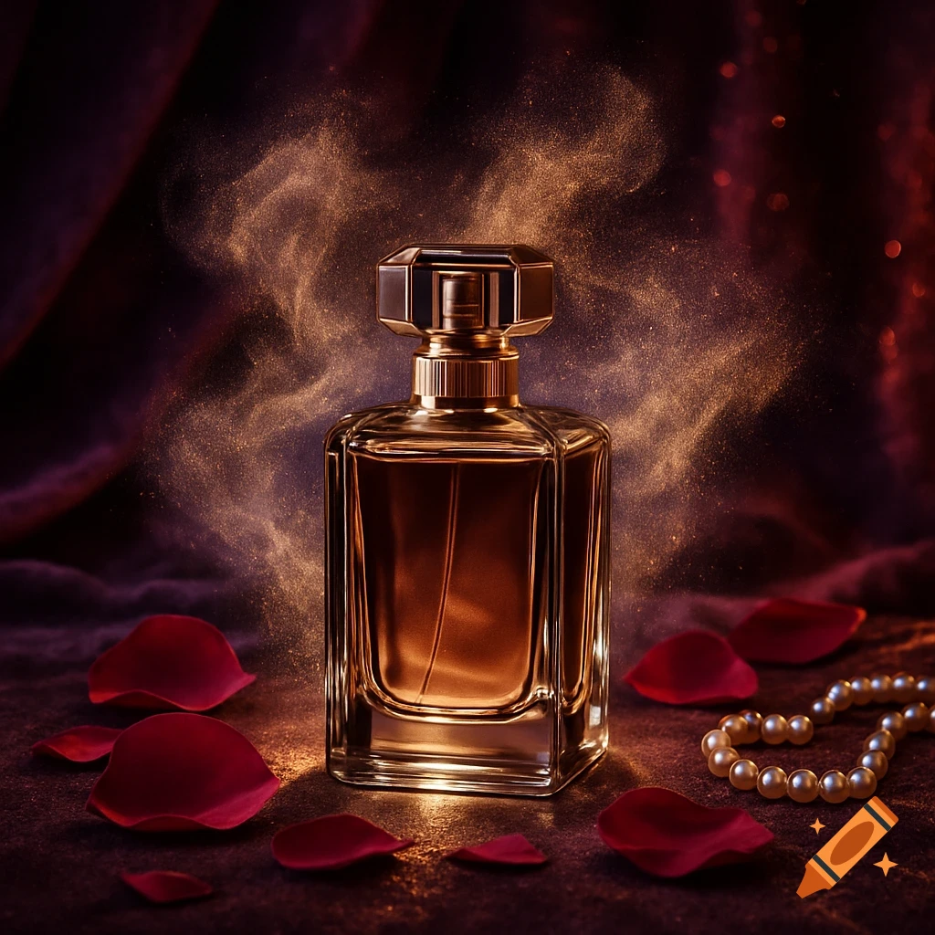 A luxurious perfume bottle with a golden cap and brown liquid, surrounded by red rose petals and a pearl necklace, with shimmering gold dust in the air.