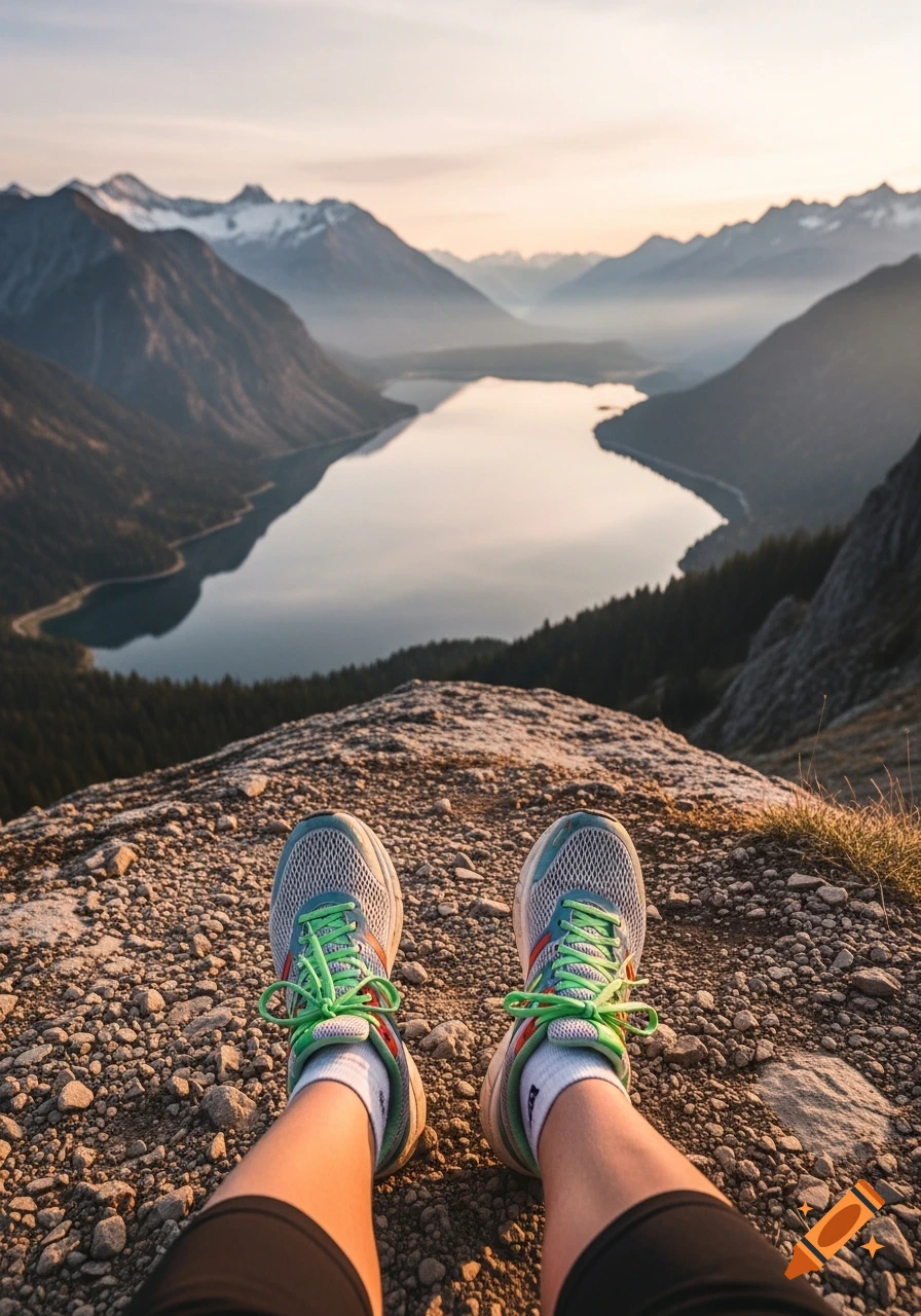 Feet in running shoes on a rocky mountain peak overlooking a serene lake and mountains at sunset.