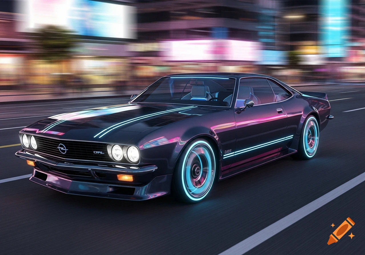 A futuristic dark Opel Manta car with glowing neon lights on its body and wheels drives down a city street at night, with blurred urban lights in the background.