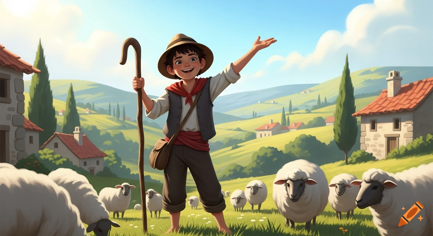 Happy teenage shepherd boy in traditional clothes, holding a staff, with sheep in a green, hilly village landscape, storybook style.