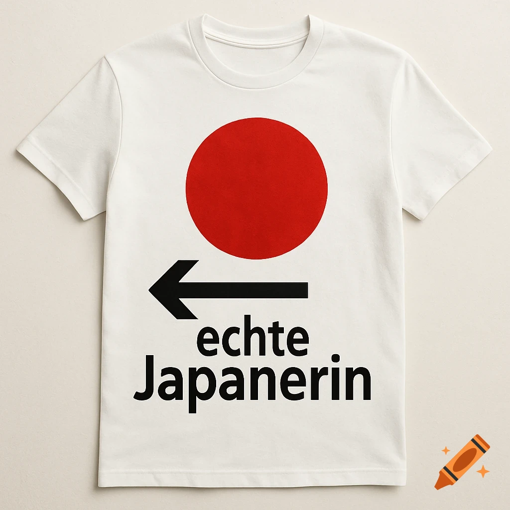 A white t-shirt features a large red circle, a black arrow pointing left, and the German text "echte Japanerin" below it.