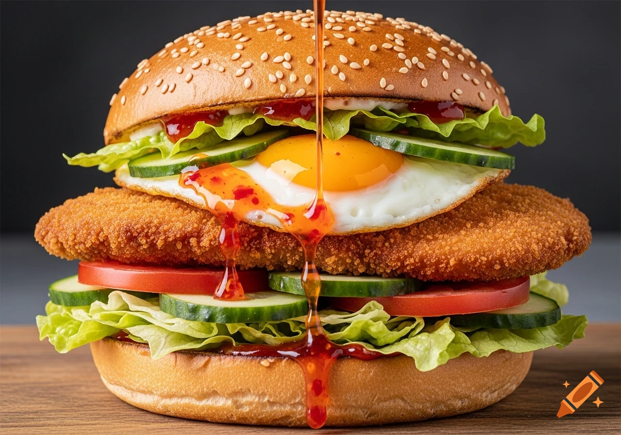 A close-up, photorealistic image of a tall chicken schnitzel burger with a fried egg, cucumbers, tomatoes, lettuce, and sweet chili sauce dripping down.