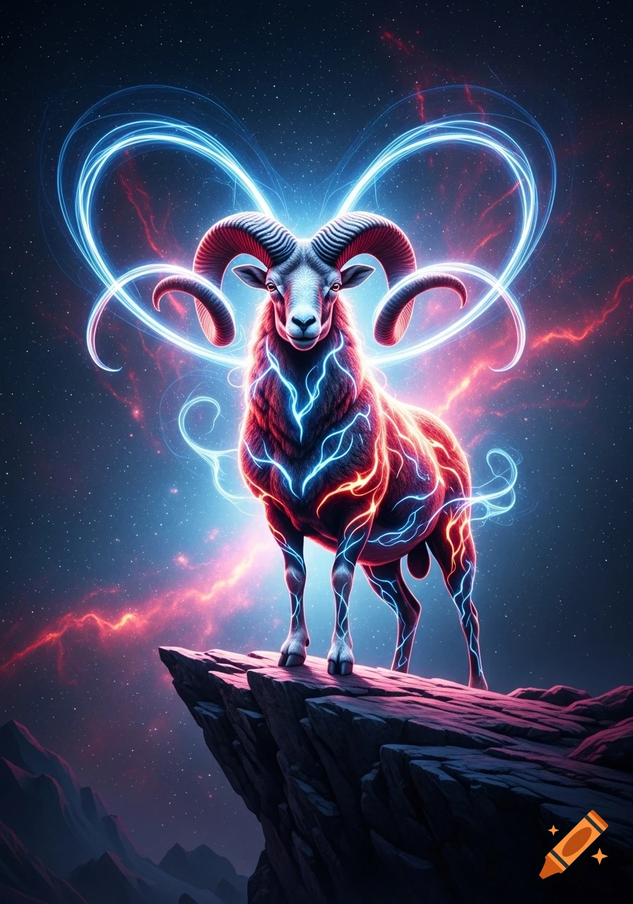 A vibrant, neon plasma ram stands on a rocky cliff under a cosmic, starry sky with glowing red and blue nebulae.