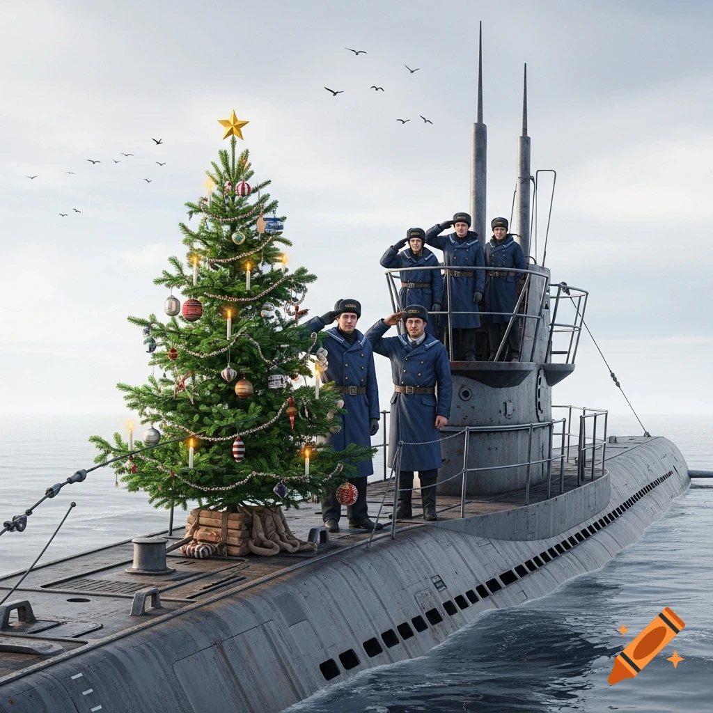 German sailors in blue uniforms salute on the deck of a Type VII C U-boat, decorated with a large Christmas tree, on a gray ocean.