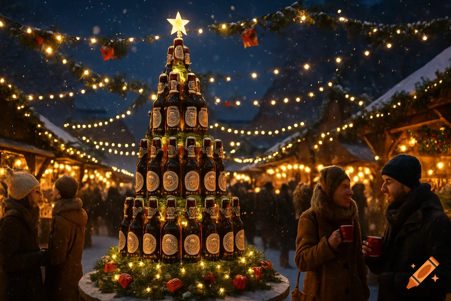 Photorealistic image of a bustling European Christmas market at twilight, with a Christmas tree made of beer bottles at its center.