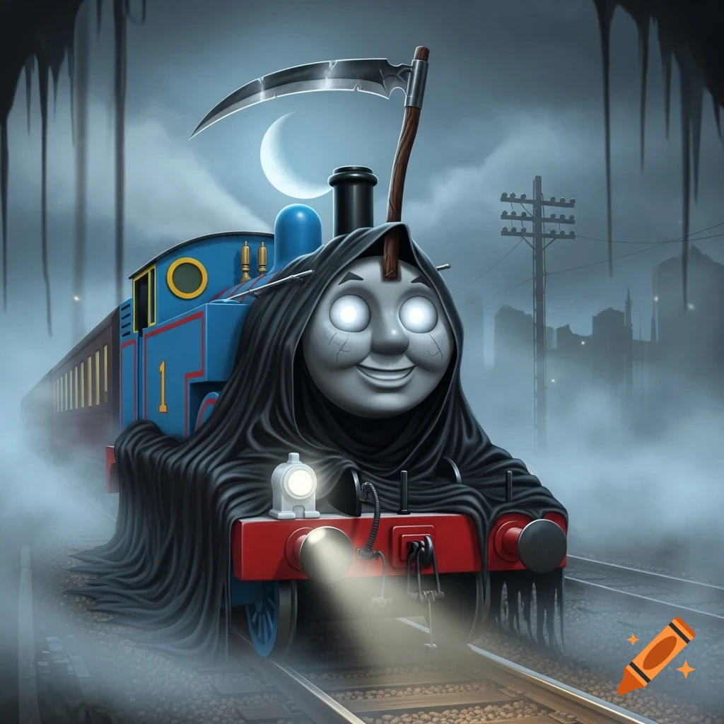Thomas the Tank Engine depicted as the Grim Reaper, wearing a black cowl and holding a scythe, standing on foggy train tracks under a crescent moon.