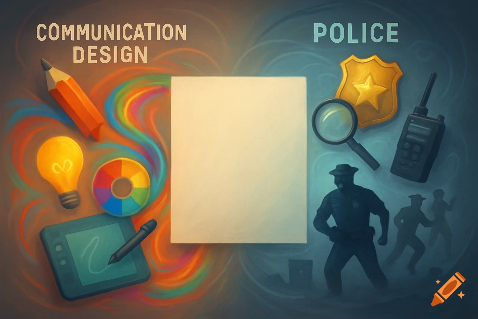A conceptual split image showing 'COMMUNICATION DESIGN' with art tools on the left and 'POLICE' with law enforcement gear and silhouettes on the right.