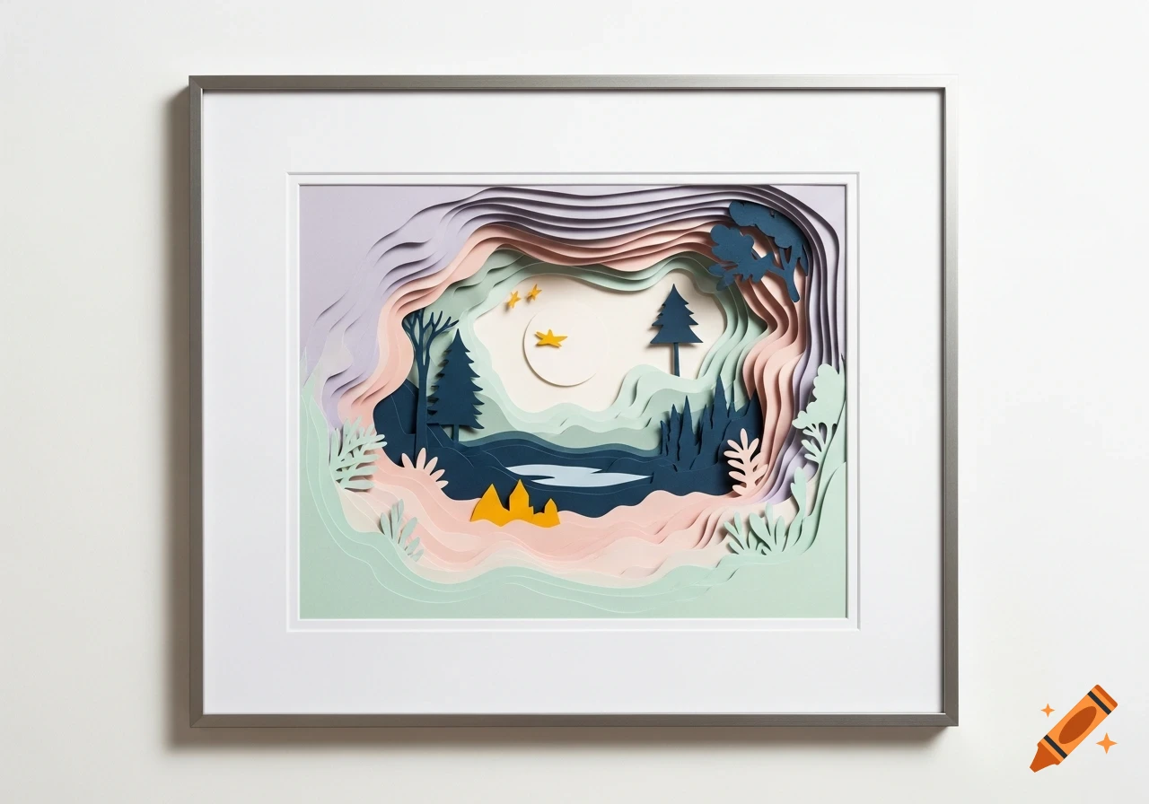 Framed, matted paper cut collage art of a layered landscape with trees, lake, moon, and stars in soft pastel and blue.