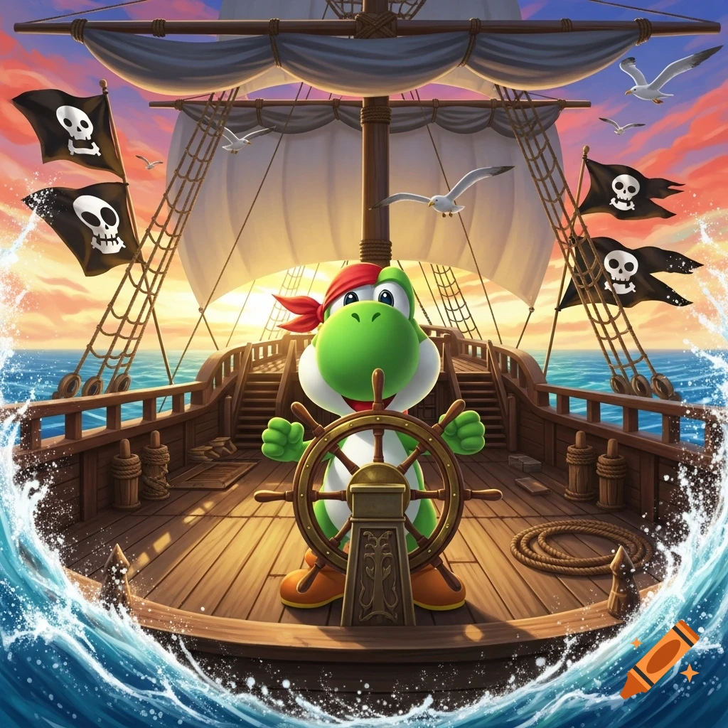 Yoshi as a pirate, wearing a red bandana, steering a ship with skull flags at sunset in a vibrant cartoon style.