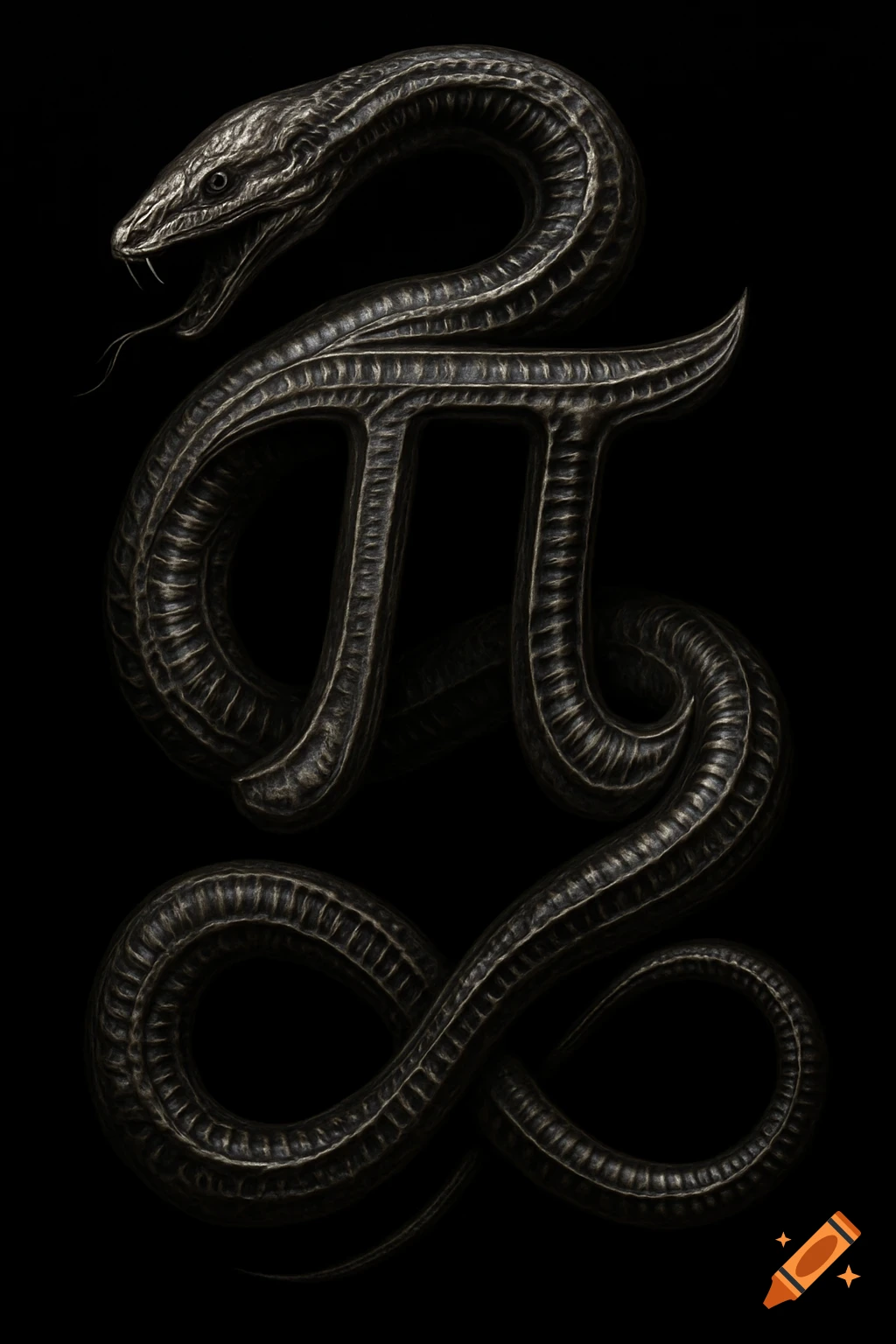 A dark, metallic snake, in the style of HR Giger, coils around the Greek letter Pi and an infinity symbol on a black background.