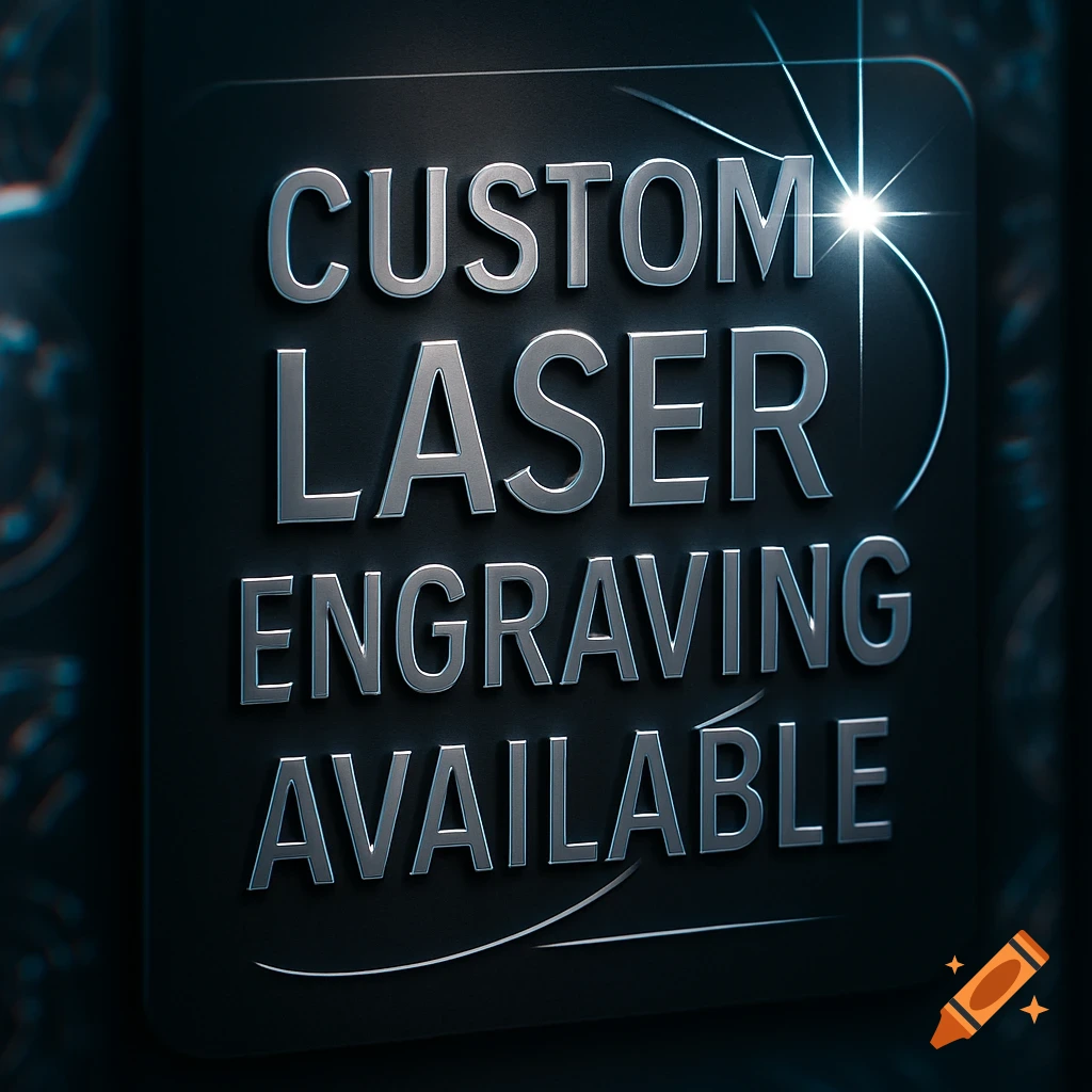 A dark metallic sign with silver text reading 'CUSTOM LASER ENGRAVING AVAILABLE', featuring a light flare.