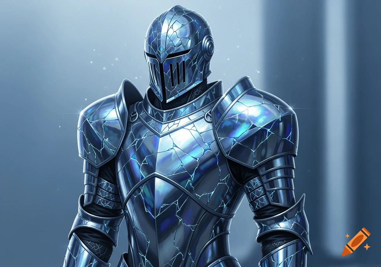 A fantasy knight in reflective blue and silver armor with a shattered mirror effect, against a light blue background.