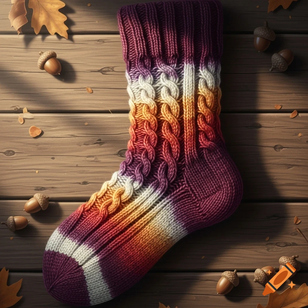 A colorful, cable-knitted woolen sock lies on a rustic wooden surface, surrounded by scattered autumn leaves and acorns in sunlight.