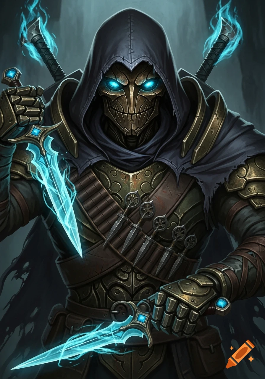 A hooded Warforged rogue with a metallic face, glowing cyan eyes, and bronze-green armor holds two glowing blue daggers.