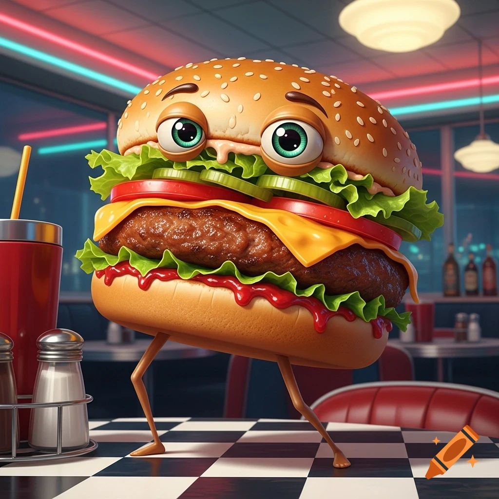 A cartoon burger with big eyes and thin legs stands on a checkered diner table, next to a red soda cup and salt shakers, in a retro diner.